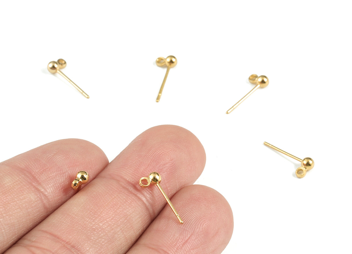 Brass Ball Earring Post With Loop 18K Real Gold Plated Earring Stud