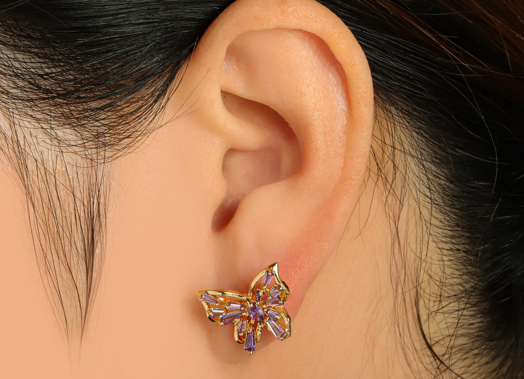 MJ101058 Push Back Stud Earring - Brass - Butterfly Earring - Zircon Earring - 18K Real Gold Plating - DOMEDBAZAAR