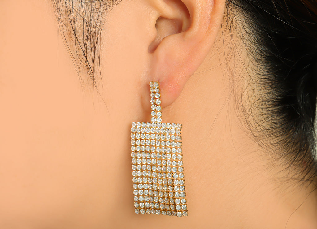 MJ101163 Push Back Stud Earring - Brass - Silver Stud - Cubic Zircon Earring - Chain Curb Earring - 18K Real Gold Plating - DOMEDBAZAAR