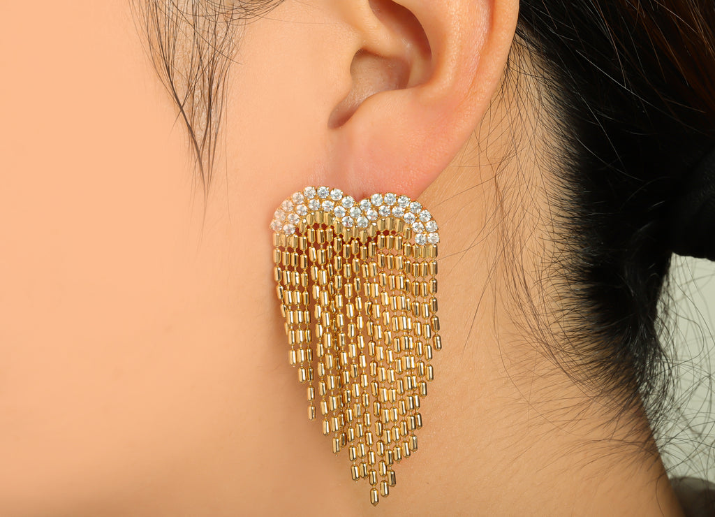MJ101166 Push Back Stud Earring - Brass - Silver Stud - Cubic  Zircon Earring - Chain Curb Earring - 18K Real Gold Plating - DOMEDBAZAAR