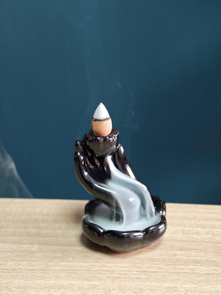 Ceramic Reflux Incense Burner - Decorative Incense Burner Biblo - Glazed Ceramic Hand Holding Lotus Smooth Glossy Burner 10.5cm BIB-2 - DOMEDBAZAAR