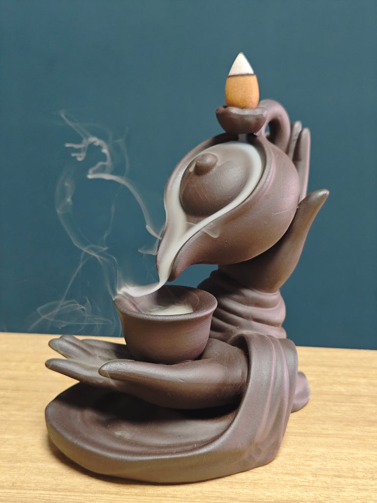 Ceramic Reflux Incense Burner - Decorative Incense Burner Biblo - Cup and Teapot Sculpture Hand Holding Teapot Backflow Incense Burner 14cm BIB-14 - DOMEDBAZAAR