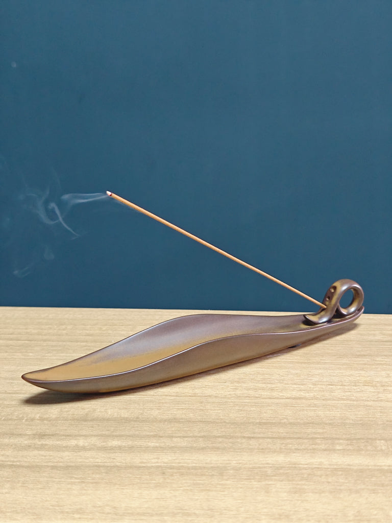 Ceramic Reflux Incense Burner - Decorative Incense Burner Biblo - Smooth Bronze Nature Sleek Curved Leaf Burner 23cm BIB-17 - DOMEDBAZAAR