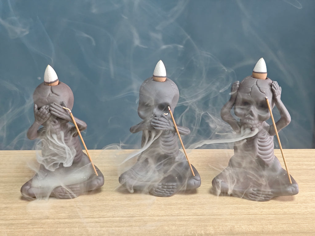 Ceramic Reflux Incense Burner - Decorative Incense Burner Biblo - Artistic Skeleton Figurine Set See Hear Speak No Evil Skeletons Burner 11.5cm BIB-38/39/40 - DOMEDBAZAAR