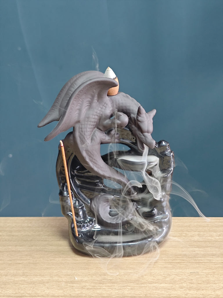 Ceramic Reflux Incense Burner - Decorative Incense Burner Biblo - Artistic Winged Dragon and Fountain Burner 16cm BIB-31 - DOMEDBAZAAR