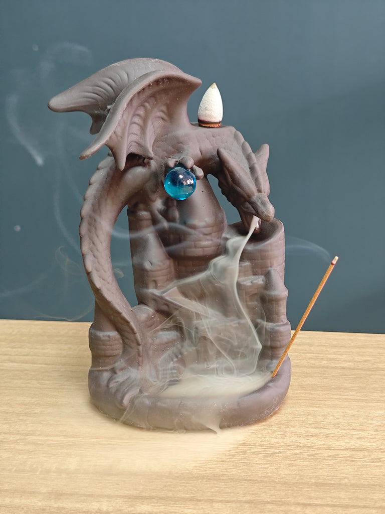 Ceramic Reflux Incense Burner - Decorative Incense Burner Biblo - Blue Crystal Dragon Ornament Fairy Tale World Burner 17.5cm BIB-43 - DOMEDBAZAAR