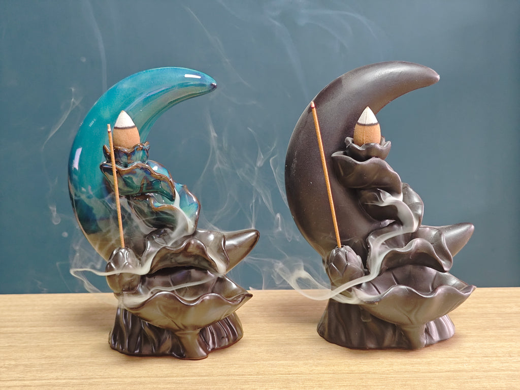 Ceramic Reflux Incense Burner - Decorative Incense Burner Biblo - Lotus Petal Crescent Moon Smoke Cascade Effect Burner 16cm BIB-44/45 - DOMEDBAZAAR