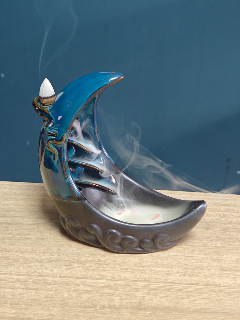 Ceramic Reflux Incense Burner - Decorative Incense Burner Biblo - Artistic Crescent Moon Glazed Ceramic Burner 15.5cm BIB-46 - DOMEDBAZAAR