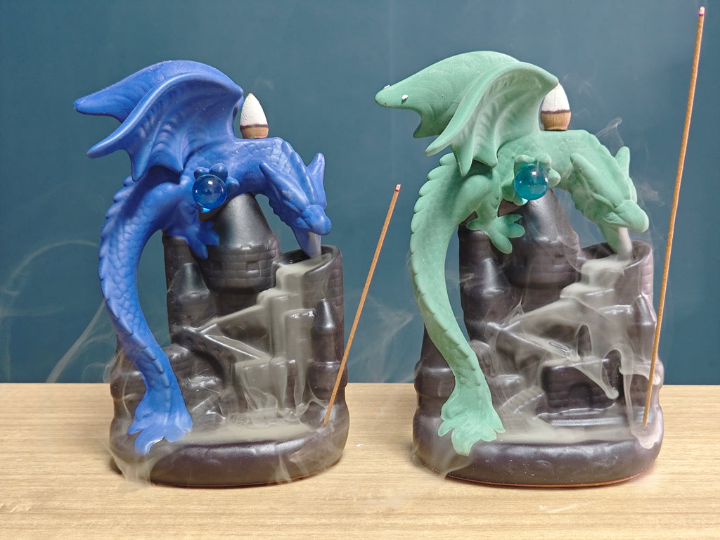 Ceramic Reflux Incense Burner - Decorative Incense Burner Biblo - Blue and Green Winged Crystal Dragon Burner 18cm BIB-62/63 - DOMEDBAZAAR
