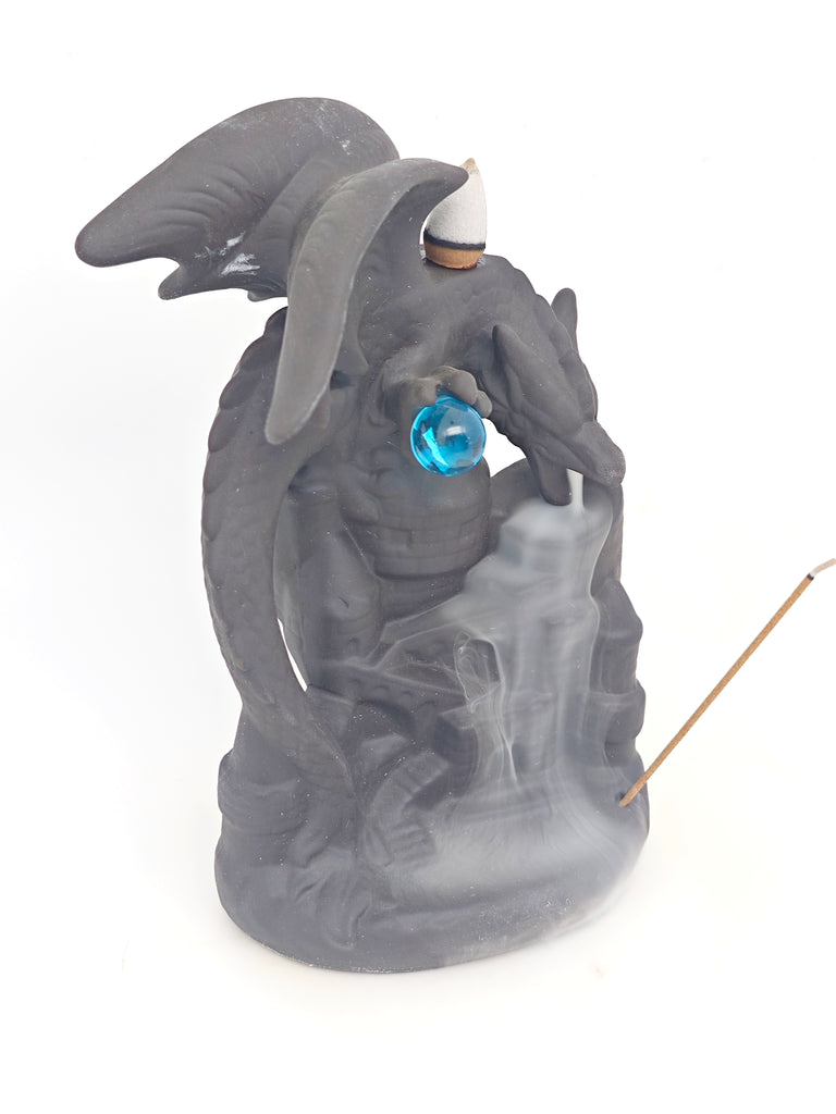 Ceramic Reflux Incense Burner - Decorative Incense Burner Biblo - Blue Crystal Dragon Ornament Fairy Tale World Burner 17.5cm BIB-43 - DOMEDBAZAAR