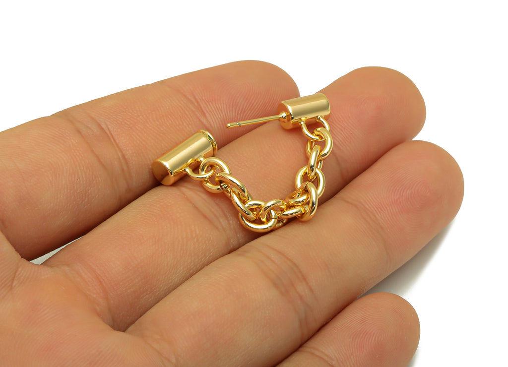 MJ100013 - Push Back Stud Earring - Brass - Cable Chain Ear Jacket Earring - Stainless Steel Stud - 18K Real Gold Plating - DOMEDBAZAAR