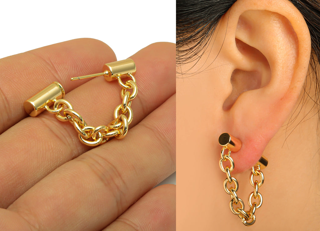 MJ100013 - Push Back Stud Earring - Brass - Cable Chain Ear Jacket Earring - Stainless Steel Stud - 18K Real Gold Plating - DOMEDBAZAAR