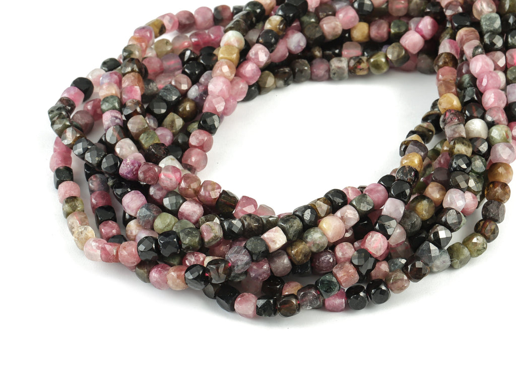 Tourmaline Cube Beads 4mm - 15.5 inch - Faceted Cube Gemstone Beads - Natural Stone Beads  - 4x4mm - NS1070 - DOMEDBAZAAR