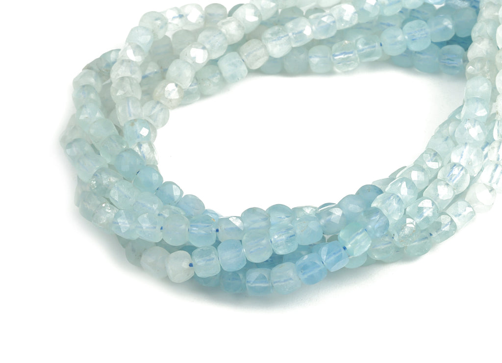 Aquamarine Cube Beads 4mm - 15.5 inch - Faceted Cube Gemstone Beads - Natural Stone Beads  - 4x4mm - NS1075 - DOMEDBAZAAR