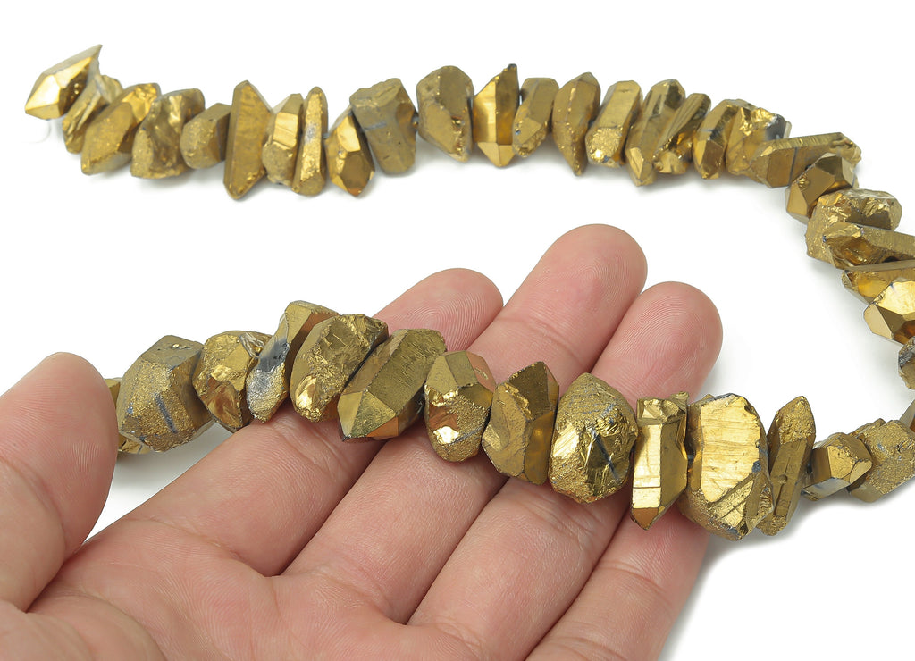 Gold Aura Points Faceted Stone - 36cm / 1 strand - Quartz Crystal Spike Stone - Natural Stone Beads - 21x10.16x8.6mm - NS1857C - DOMEDBAZAAR