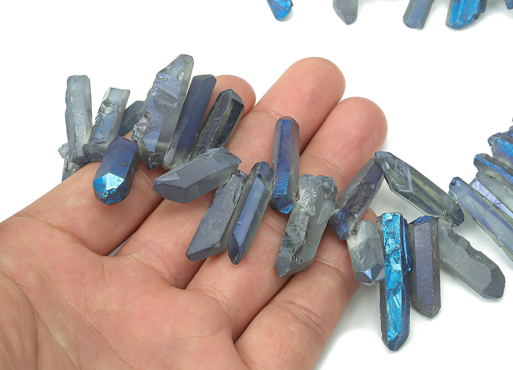 Blue Aura Points Faceted Stone - 41cm / 1 strand - Quartz Crystal Spike Stone - Natural Stone Beads - 30x8.51x5.94mm - NS1857B - DOMEDBAZAAR