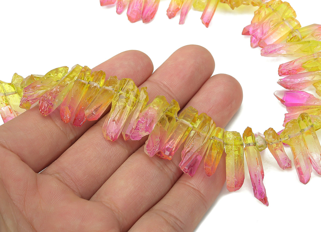 Rainbow Aura Points Faceted Stone - 39cm / 1 strand - Quartz Crystal Spike Stone - Natural Stone Beads - 23.6x6.47x5.07mm - NS1857F - DOMEDBAZAAR