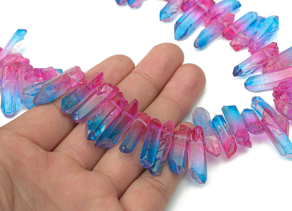 Rainbow Aura Points Faceted Stone - 37cm / 1 strand - Quartz Crystal Spike Stone - Natural Stone Beads - 26x7.93x7.2mm - NS1857E - DOMEDBAZAAR