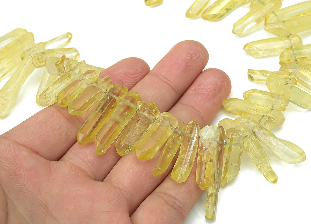 Yellow Aura Points Stone - 37cm / 1 strand - Quartz Crystal Spike Stone - Natural Stone Beads - Jewelry Supplies - 26x8.97x7mm - NS1857M - DOMEDBAZAAR