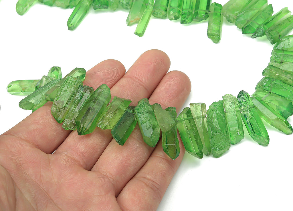 Green Aura Points Stone - 38cm / 1 strand - Quartz Crystal Spike Stone - Natural Stone Beads - Jewelry Supplies - 26.5x8.52x6.46mm - NS1857N - DOMEDBAZAAR