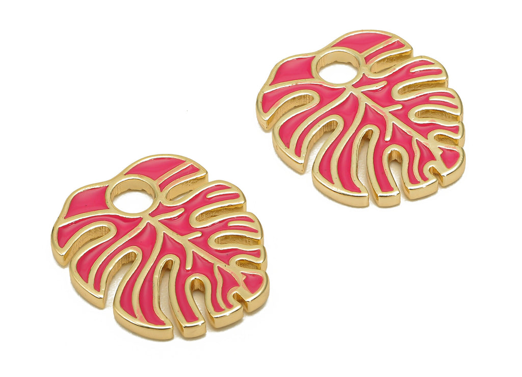 Brass Monstera Leaf Charms - Pink Enamel Dot Leaves Earring - Spot Botanical Pendant - 18K Real Gold Plating - 18.6x15.9x1.6mm - RGP5648D - DOMEDBAZAAR