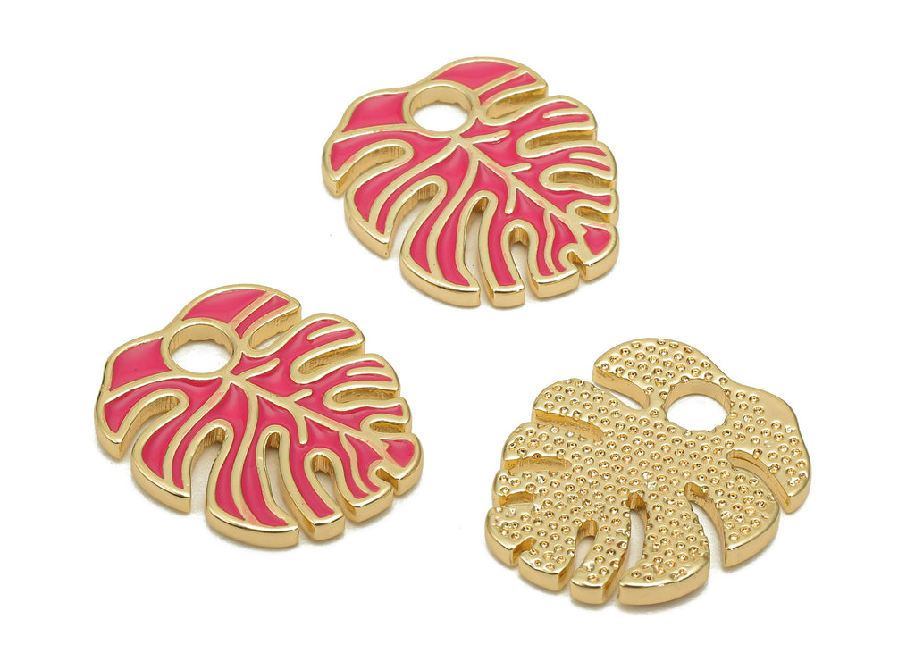 Brass Monstera Leaf Charms - Pink Enamel Dot Leaves Earring - Spot Botanical Pendant - 18K Real Gold Plating - 18.6x15.9x1.6mm - RGP5648D - DOMEDBAZAAR