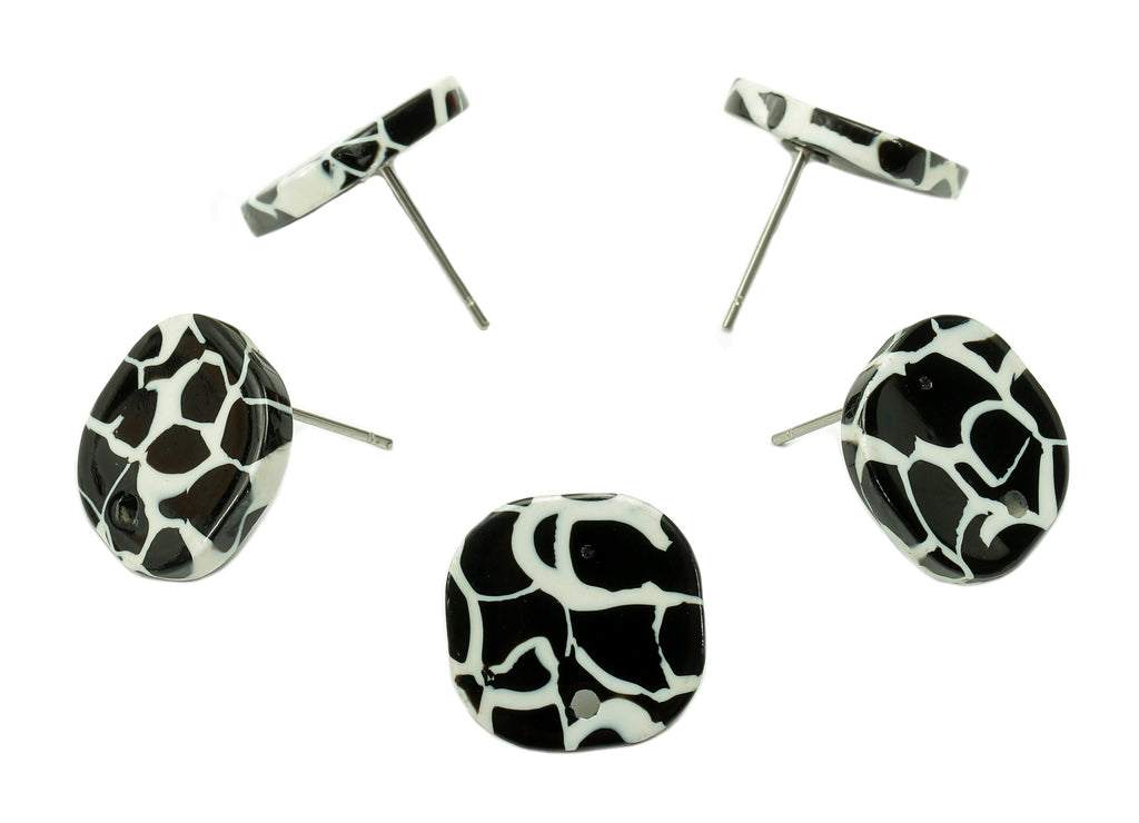 Acetate Oval Square Stud Earring - Black And White Earring Post With Hole - 316 Stainless Steel - Color Code: A847-14.7x14.6x3mm-AC2562-A847 - DOMEDBAZAAR