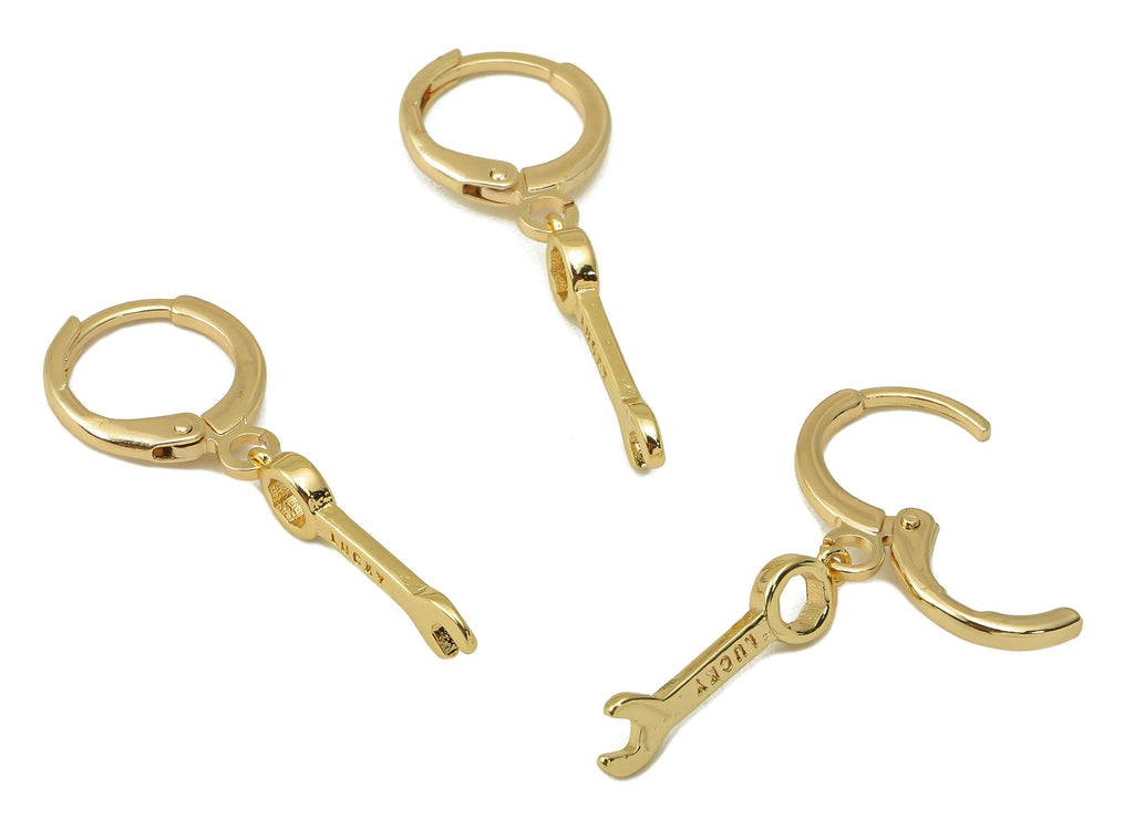MJ100862 Leverback Earring - Brass - Lucky Wrench Earring - 18K Real Gold Plating - DOMEDBAZAAR