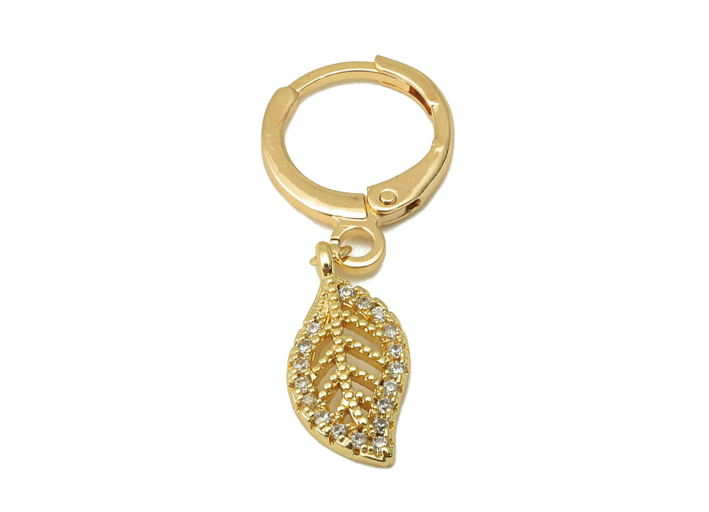 MJ100886 Leverback Earring - Brass - Zircon Earring - Leaf Earring - 18K Real Gold Plating - DOMEDBAZAAR