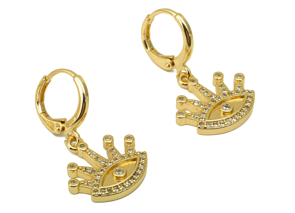 MJ100009 - Lever Back Earring - Brass - Crown Leverback Earring - Cubic Zircon - Eye Zircon Earrings - 18K Real Gold Plating - DOMEDBAZAAR