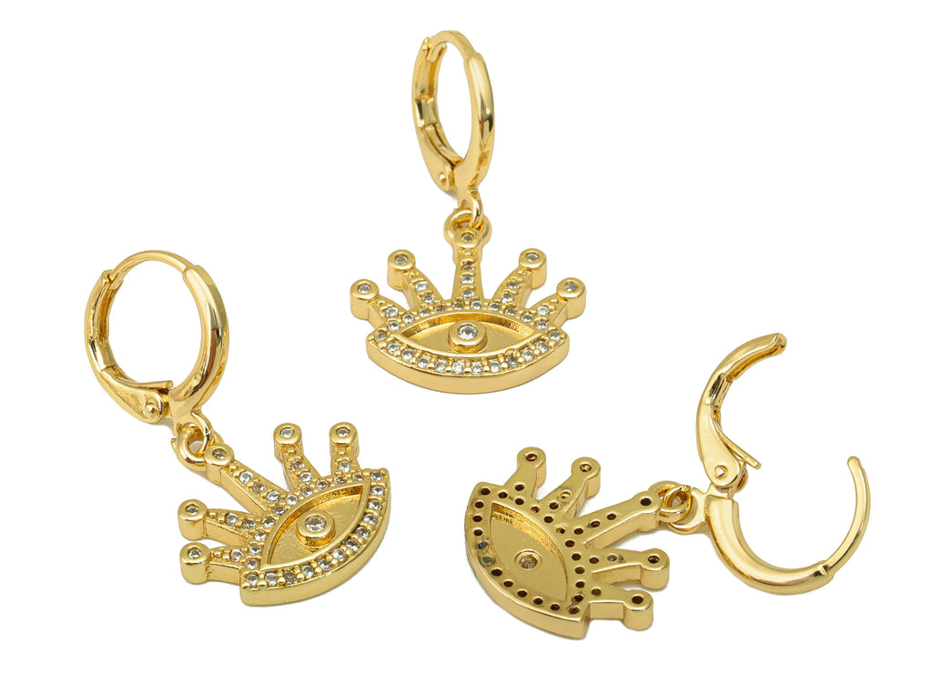 MJ100009 - Lever Back Earring - Brass - Crown Leverback Earring - Cubic Zircon - Eye Zircon Earrings - 18K Real Gold Plating - DOMEDBAZAAR