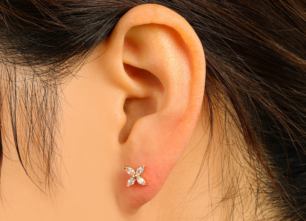 MJ100061 Push Back Stud  Earring - Brass - Flower Laser  Cut Earring - 925 Silver Stud - Zircon Earring - 18K Real Gold Plating - DOMEDBAZAAR