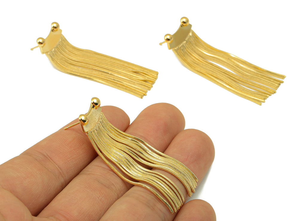 MJ100014 - Push Back Stud Earring - Brass - Snake Chain Tassel Earring - 925 Silver Stud - 18K Real Gold Plating - DOMEDBAZAAR