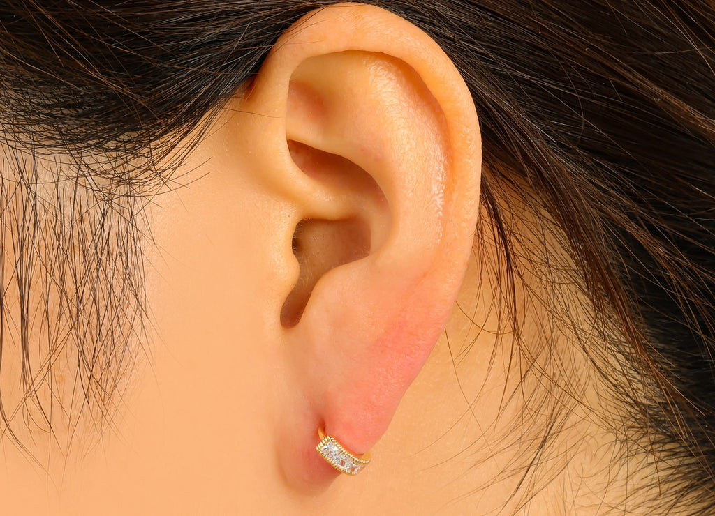 MJ100053 Huggie Hoop Wire Earring - Brass - 316 Stainless Steel Stud - Zircon Earring - 18K Real Gold Plating - DOMEDBAZAAR