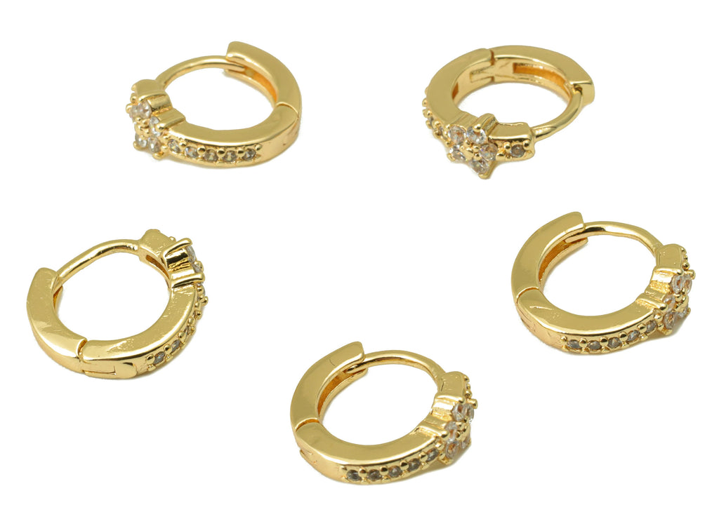 MJ100056 Huggie Hoop Wire  Earring - Flower Earring - Brass - 316 Stainless Steel Stud - Zircon Gold Plating - DOMEDBAZAAR