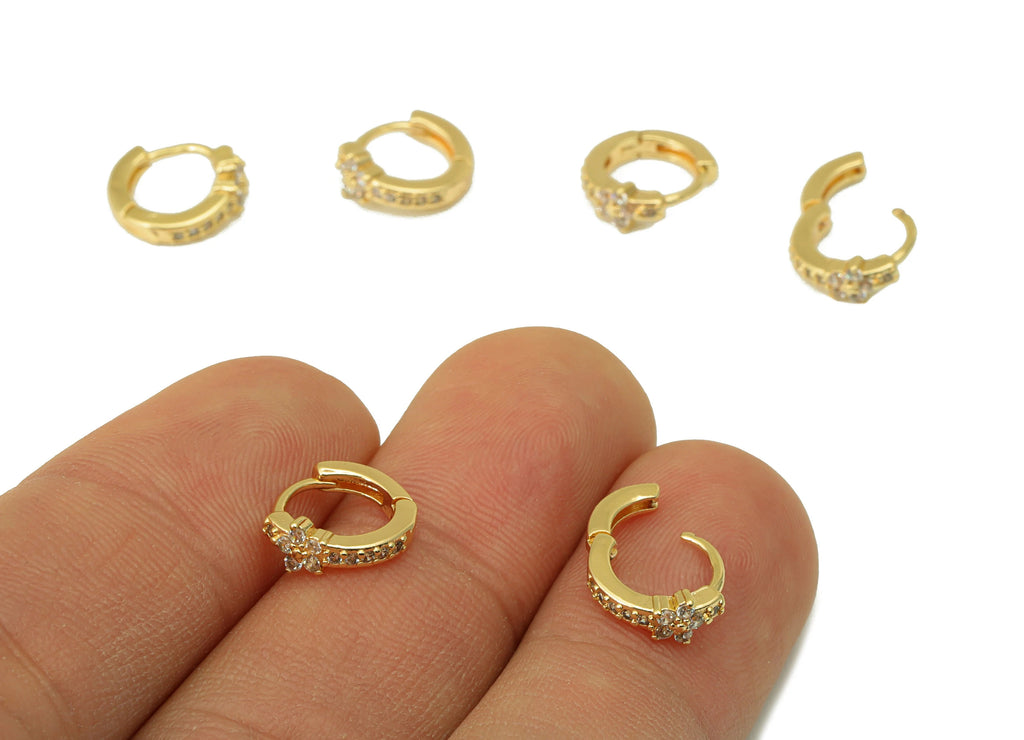 MJ100056 Huggie Hoop Wire  Earring - Flower Earring - Brass - 316 Stainless Steel Stud - Zircon Gold Plating - DOMEDBAZAAR