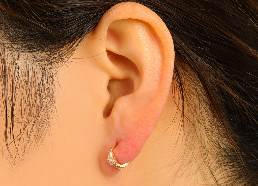 MJ100056 Huggie Hoop Wire  Earring - Flower Earring - Brass - 316 Stainless Steel Stud - Zircon Gold Plating - DOMEDBAZAAR