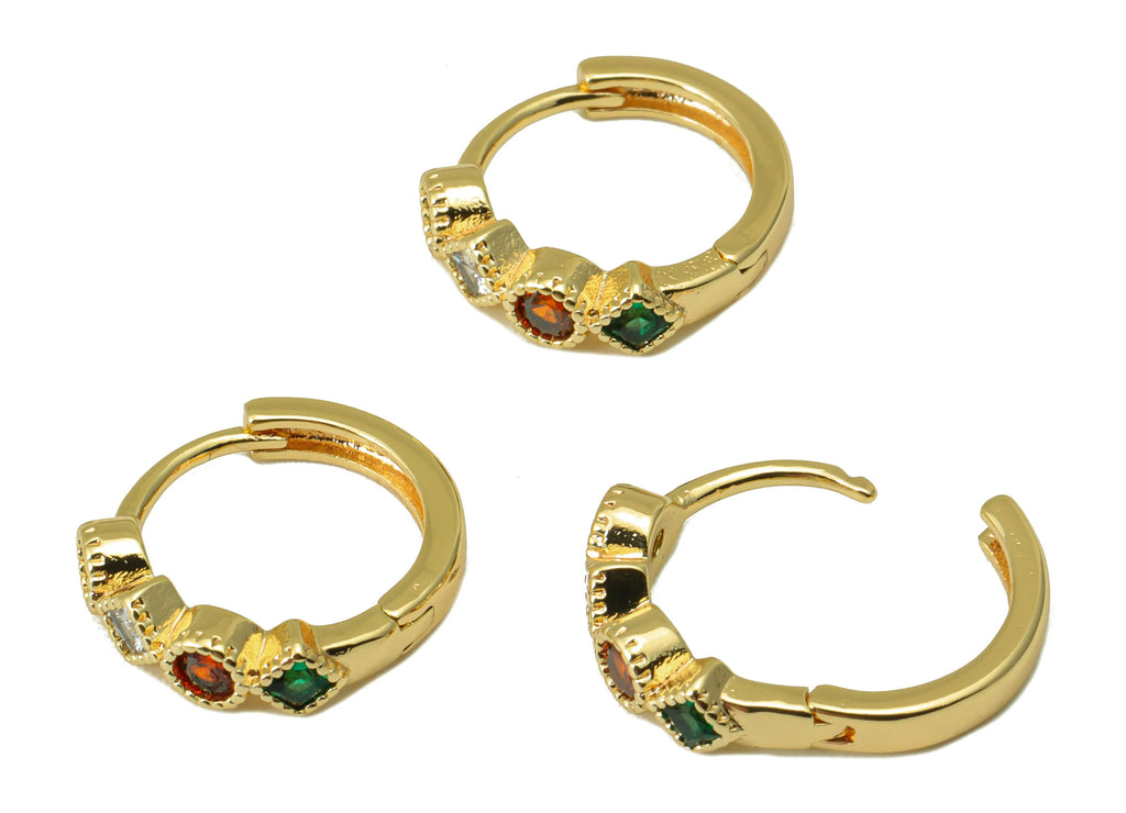 MJ100058 Huggie Hoop Wire  Earring - Rainbow Cz Geometric - Huggie Earring - Brass - 316 Stainless Steel Stud - Zircon Earring - 18K Real Gold Plating - DOMEDBAZAAR