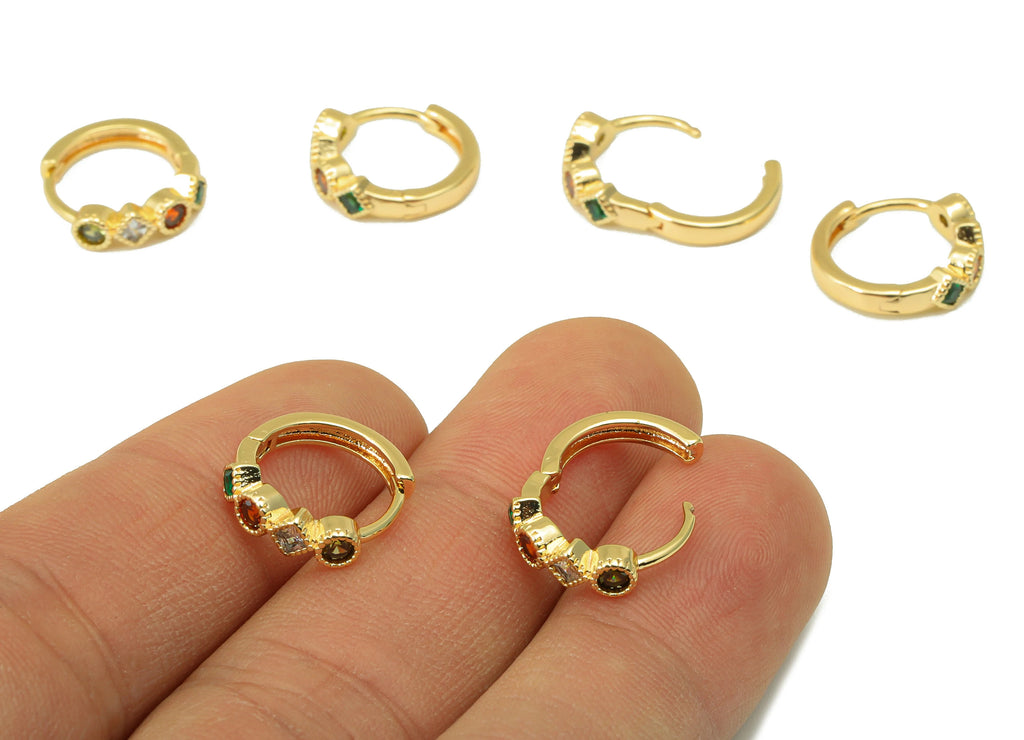 MJ100058 Huggie Hoop Wire  Earring - Rainbow Cz Geometric - Huggie Earring - Brass - 316 Stainless Steel Stud - Zircon Earring - 18K Real Gold Plating - DOMEDBAZAAR