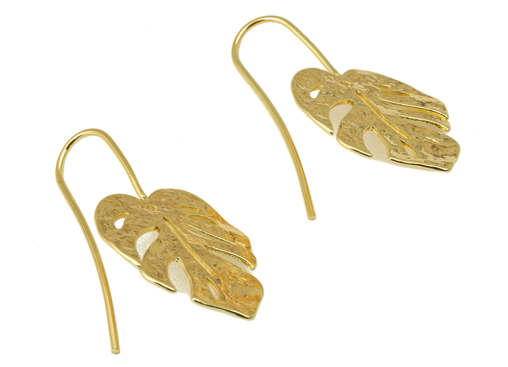 MJ100041 - Wire Hooks Earring - Brass - Hammered Mostera Leaf Earrings - 18K Real Gold Plating - DOMEDBAZAAR