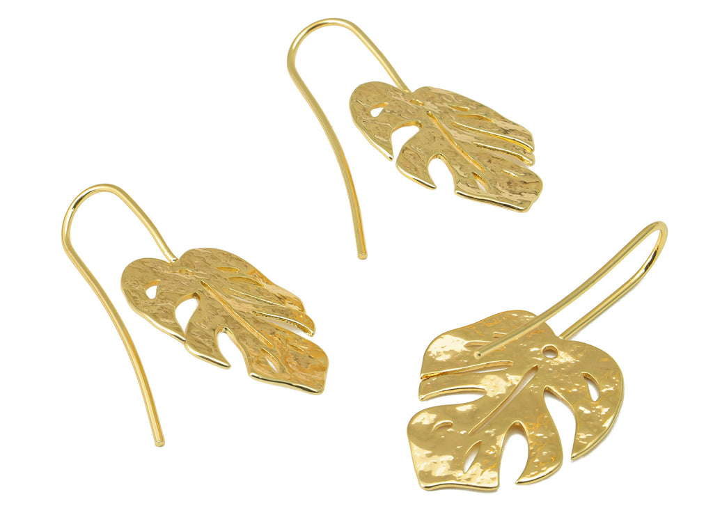 MJ100041 - Wire Hooks Earring - Brass - Hammered Mostera Leaf Earrings - 18K Real Gold Plating - DOMEDBAZAAR