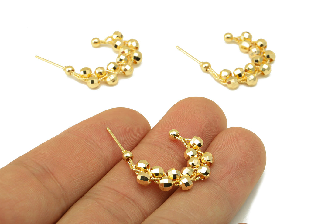 MJ100015 - Push Back Stud Earring - Brass - Beaded C Hoop Earring - Stainless Steel Stud - 18K Real Gold Plating - DOMEDBAZAAR
