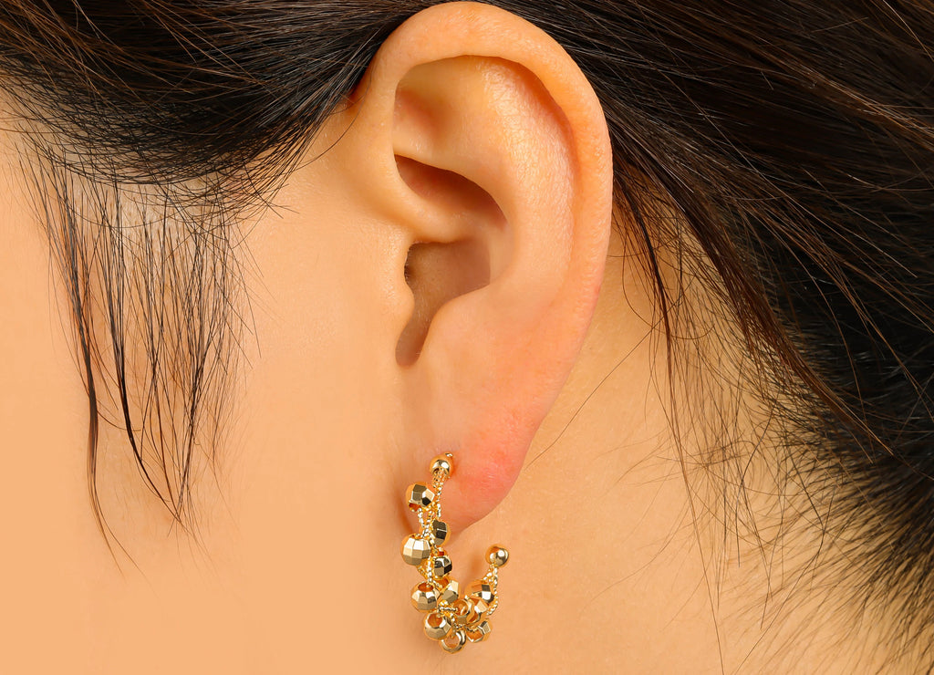 MJ100015 - Push Back Stud Earring - Brass - Beaded C Hoop Earring - Stainless Steel Stud - 18K Real Gold Plating - DOMEDBAZAAR