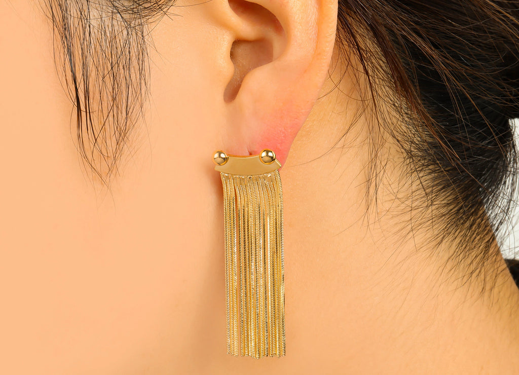 MJ100014 - Push Back Stud Earring - Brass - Snake Chain Tassel Earring - 925 Silver Stud - 18K Real Gold Plating - DOMEDBAZAAR