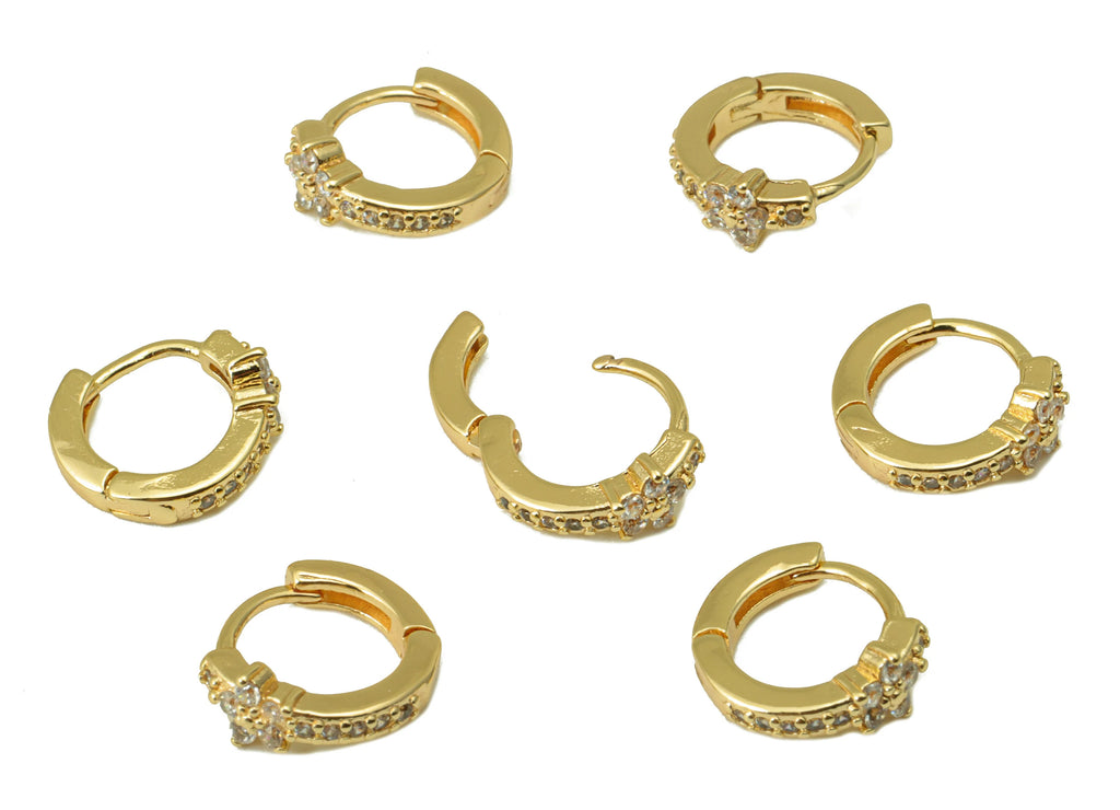 MJ100056 Huggie Hoop Wire  Earring - Flower Earring - Brass - 316 Stainless Steel Stud - Zircon Gold Plating - DOMEDBAZAAR