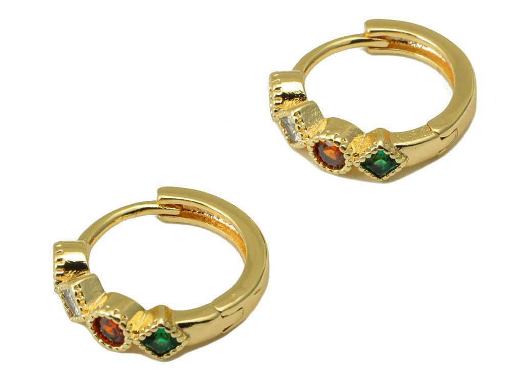 MJ100058 Huggie Hoop Wire  Earring - Rainbow Cz Geometric - Huggie Earring - Brass - 316 Stainless Steel Stud - Zircon Earring - 18K Real Gold Plating - DOMEDBAZAAR