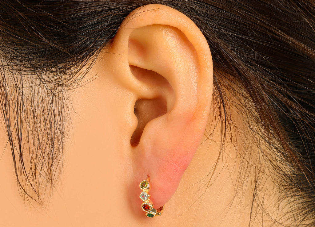 MJ100058 Huggie Hoop Wire  Earring - Rainbow Cz Geometric - Huggie Earring - Brass - 316 Stainless Steel Stud - Zircon Earring - 18K Real Gold Plating - DOMEDBAZAAR