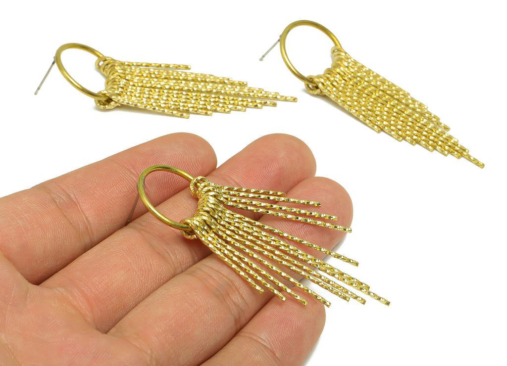 Brass Wire Tassel Earring Stud - Brass Textured Wire Earring Post - Round 13 Wire Earring Post- Raw Brass Tassel Stud - 63.57x19x1mm -PP9341 - DOMEDBAZAAR