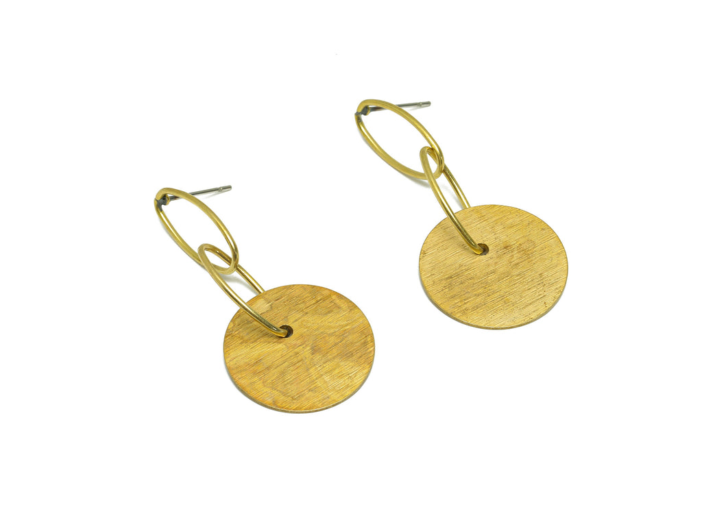 Brass Dangle Round Earring Stud - Raw Brass Disc Oval Interlocking Earring Post - Brass Textured Circle Earring Post - 45x19.89x1mm - PP9963 - DOMEDBAZAAR