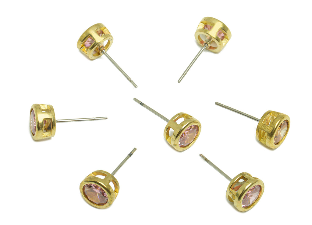Pink (CZ-01) Zircon Earring Stud - Raw Brass Round Earring Post - Cubic Zircon Earring Post - 16.6x7.68x5.5mm - PP9682C - DOMEDBAZAAR